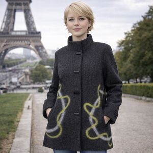 Aino Finland Dark Grey & Lime Green Wool Car Length Coat